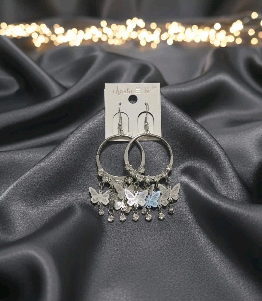 Große Creolen Ohrringe Silberfarben Schmettetlinge & Strass Modeschmuck s#34