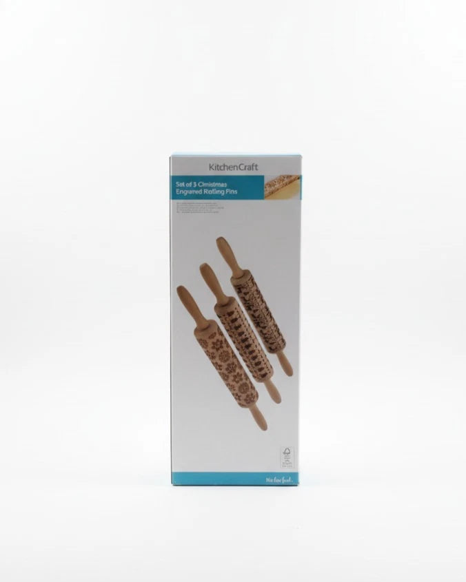 B-Ware Kitchencraft® 3 Nudelhölzer mit Weihnachtsgravur Keksroller Teigroller