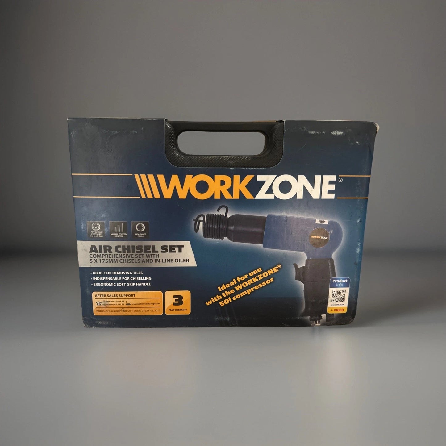 B-Ware Druckluft - Meißelhammer mit 5-teiligem Meißelsatz im WorkZone Koffer + Nebelöl