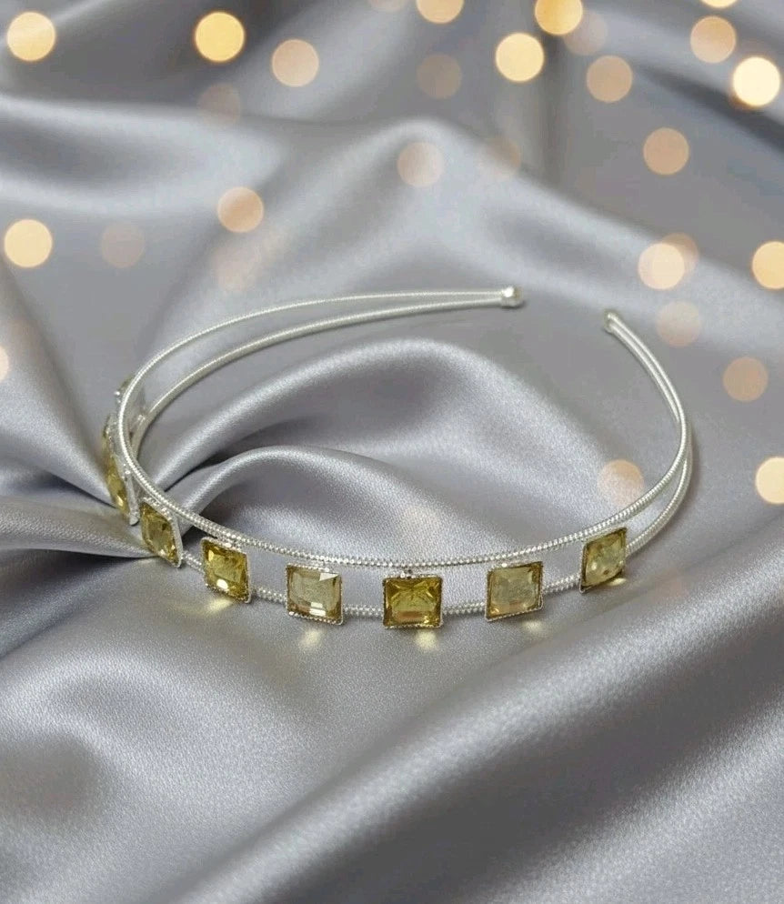 Elegantes Haarreif Silberfarben mit Gelben Eckigen Steinen Modeschmuck s#31