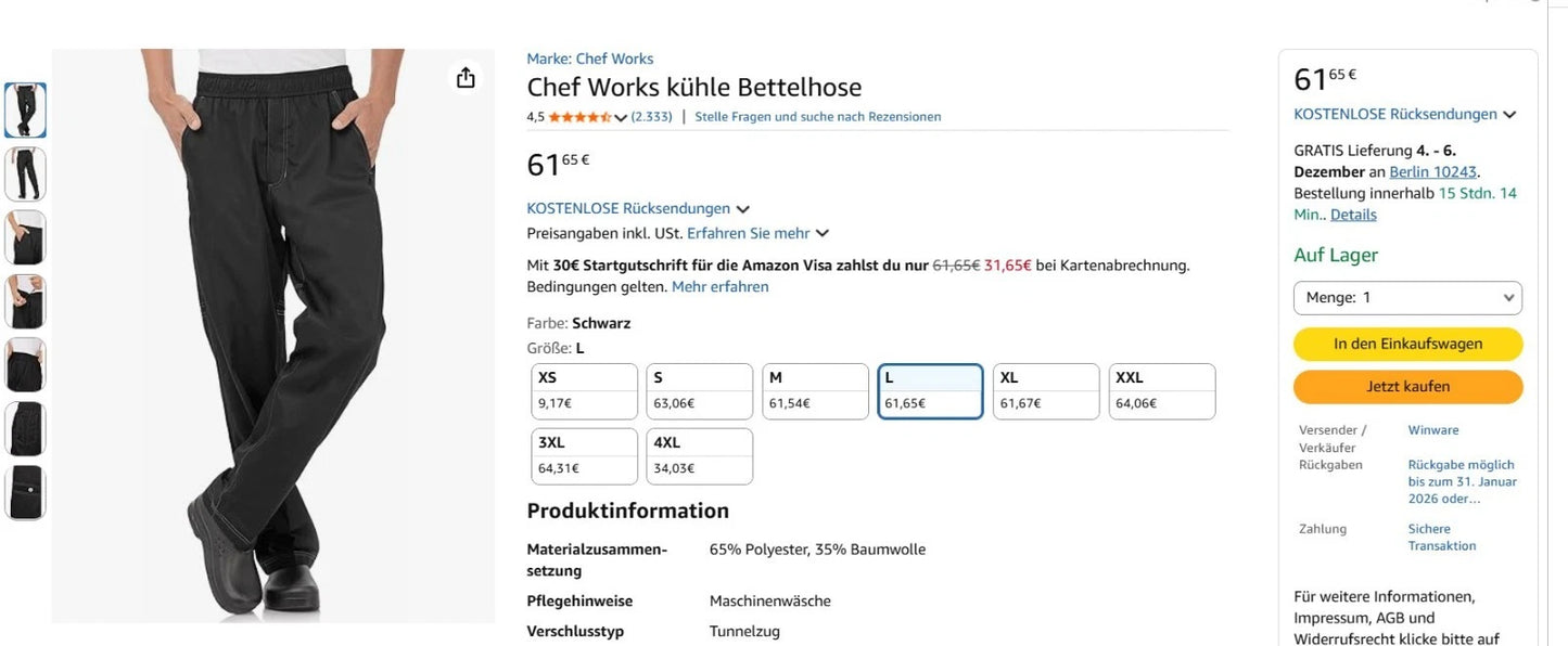 Restposten 10x Chef Works Cool Vent™ Baggy Chef Kochhose M-XL Sonderposten