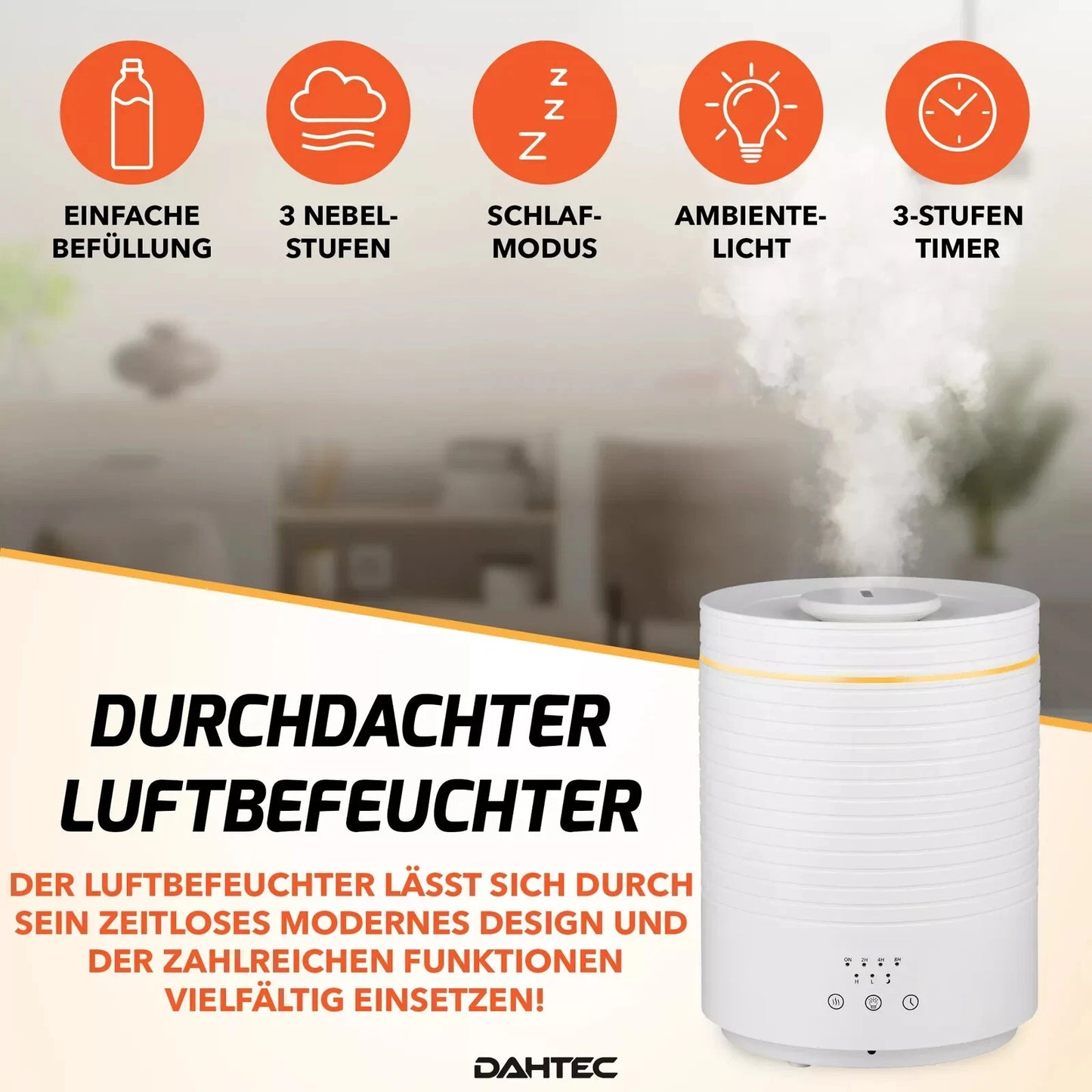 DAHTEC 2,7L Luftbefeuchter Ultraschall Aroma Diffuser Duftöl Timer LED