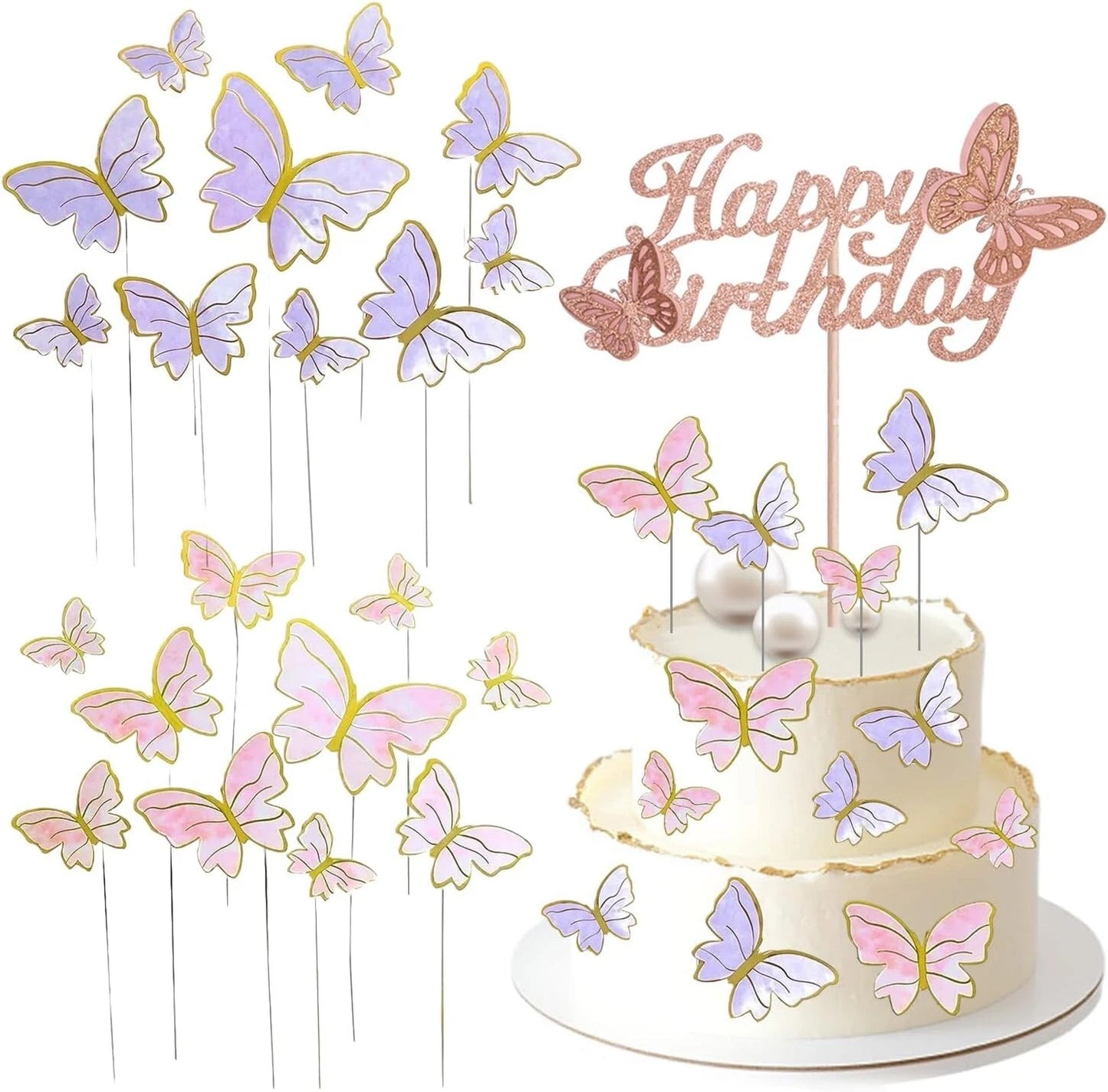 25 Pack je 21 Stück Schmetterlinge Tortendeko, Kuchen Topper Happy Birthday Sonderposten