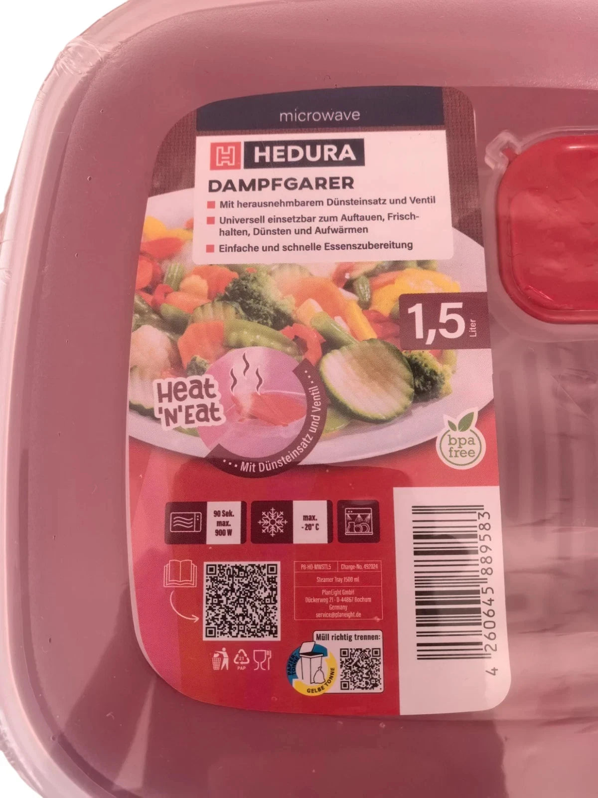 Mikrowellen Dampfgarer Hedura Rot 1,5 Liter mit Ventil Dünsteinsatz