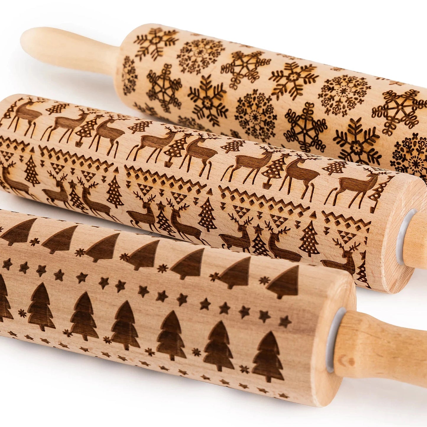 B-Ware Kitchencraft® 3 Nudelhölzer mit Weihnachtsgravur Keksroller Teigroller