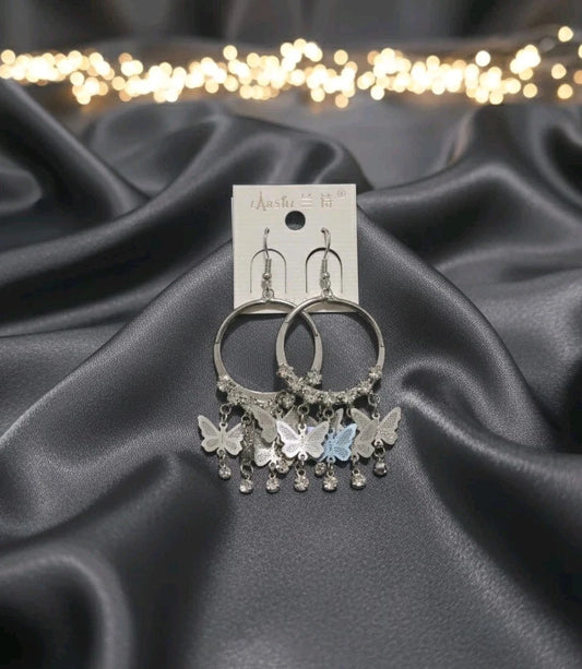 Große Creolen Ohrringe Silberfarben Schmettetlinge & Strass Modeschmuck s#34