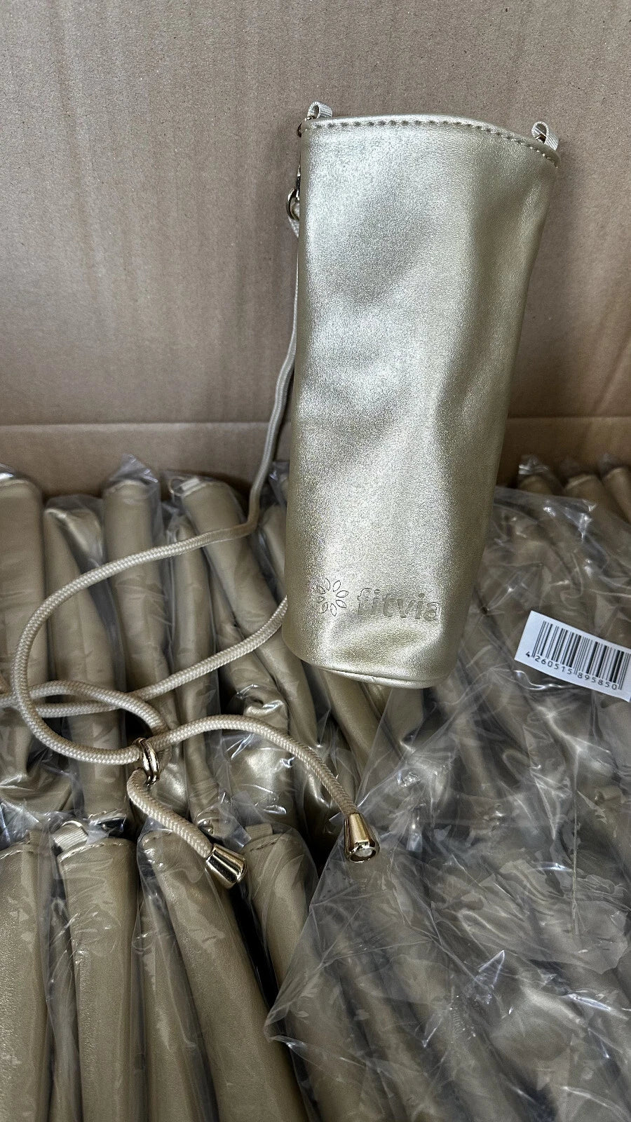 100x Thermo Flaschen Tasche zum Umhängen gold Wurfmaterial Tombola Restposten..