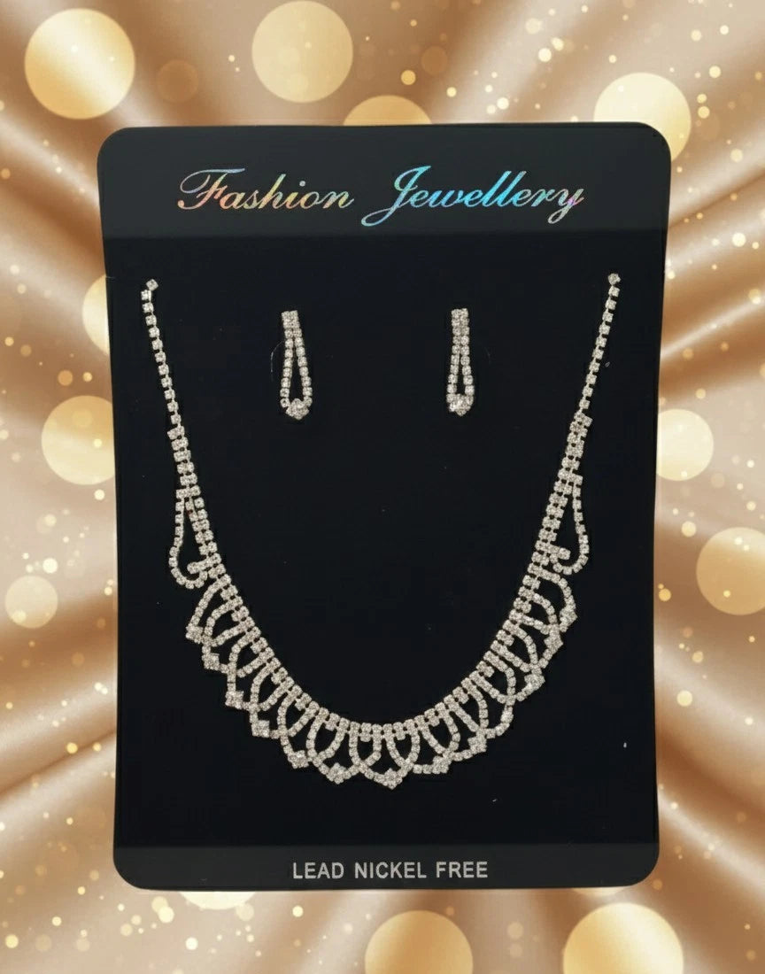 Elegantes Modeschmuck Set Kette & Ohrringe Strass Ornament Silberfarben s#2265