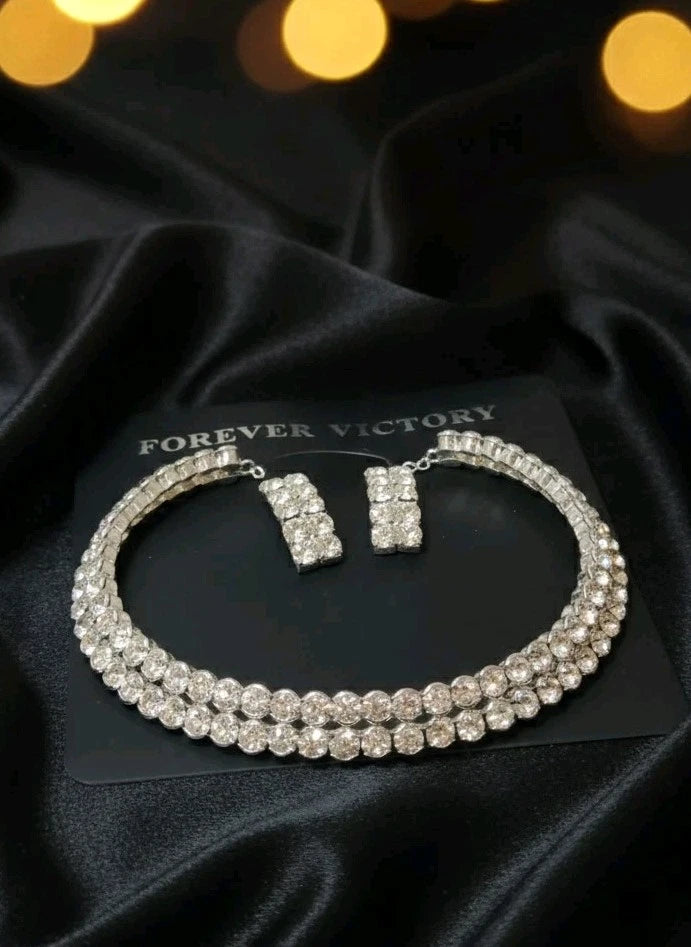 Luxus Statement Kette Choker Doppelreihe Strass & Ohrstecker Modeschmuck s#30