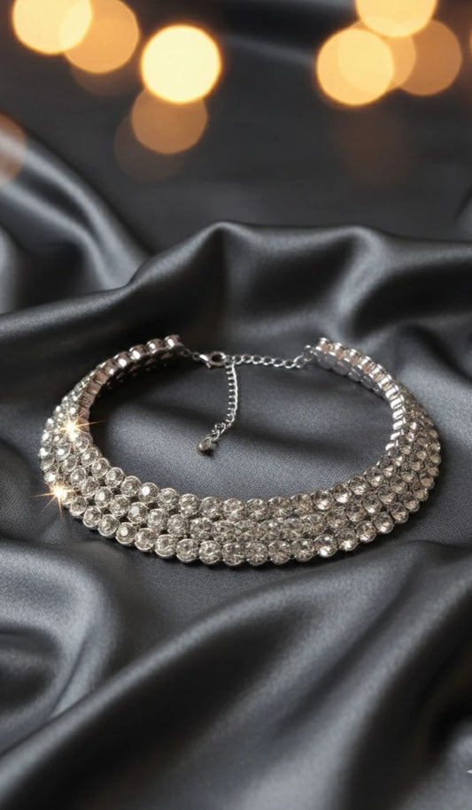 Breites Strass Collier Silberfarben Kette Halskette Glitzersteine Modeschmuck s#26