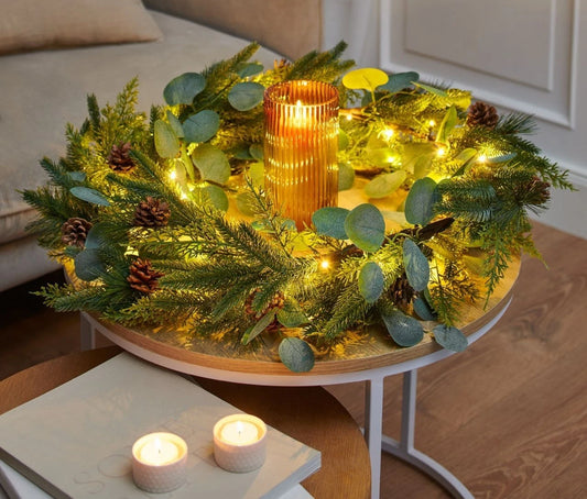 LED-Dekokranz Ø ca. 40 cm dunkelgrün - mit 48 LEDs Zapfen, Beeren & Blättern