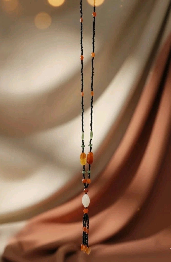 Lange Kette Schwarz Orange Weiß Perlen Modeschmuck XXL Collier s#21