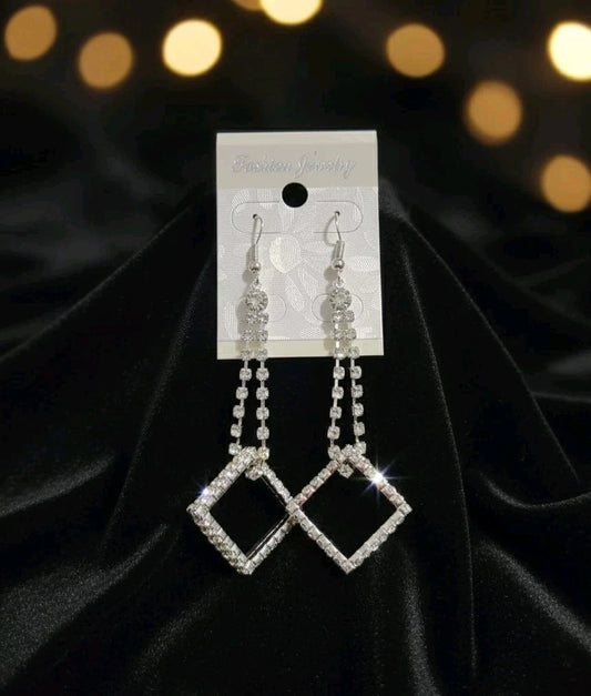 Lange Strass Hängeohrringe Silberfarben Geometrisches Quadrat Modeschmuck s#32