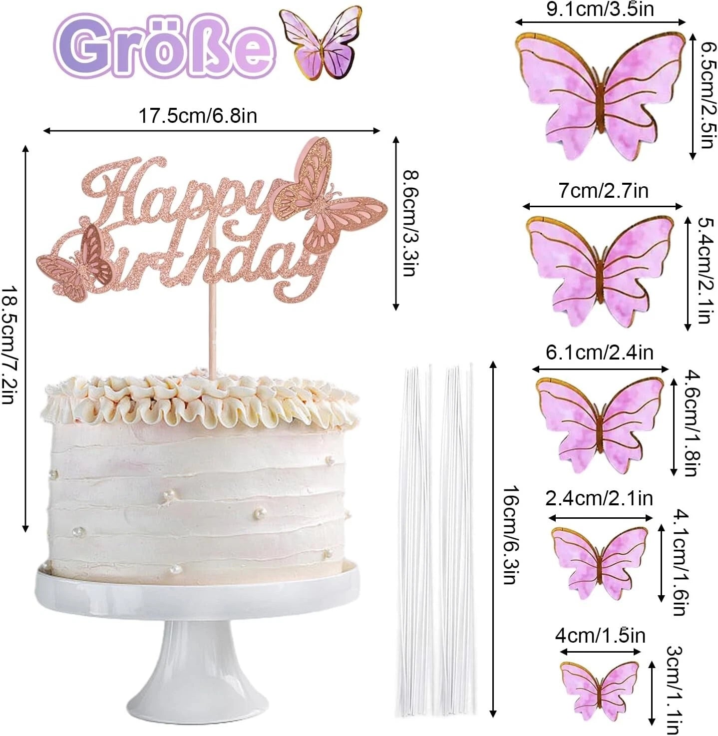 25 Pack je 21 Stück Schmetterlinge Tortendeko, Kuchen Topper Happy Birthday Sonderposten