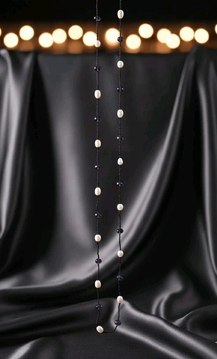 Damen Collier XXL Überlänge Perlen Weiß Schwarz Lila Kette Modeschmuck s#28