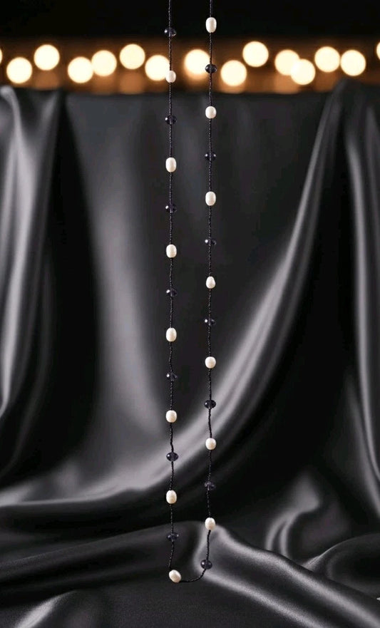 Damen Collier XXL Überlänge Perlen Weiß Schwarz Lila Kette Modeschmuck s#28