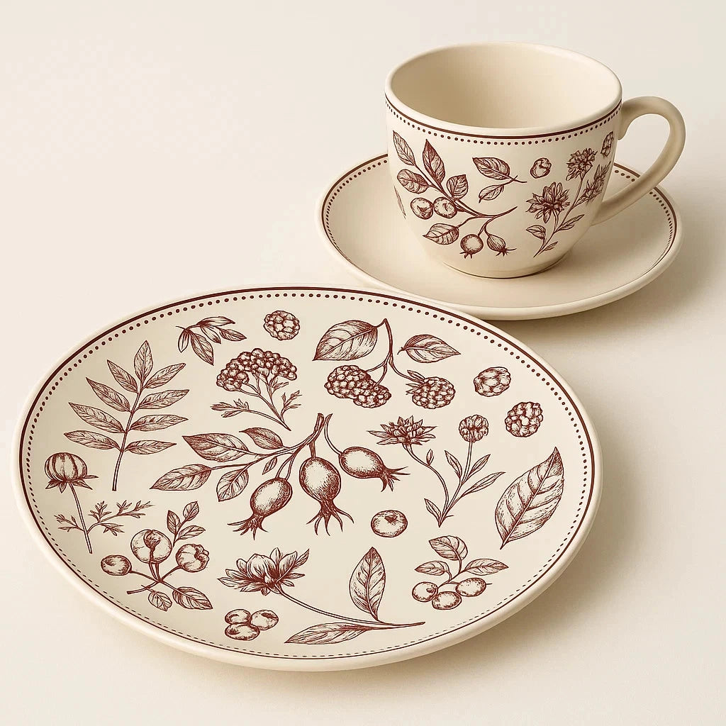 12tlg Kaffeeservice Rubin Garten Teller Untertasse und Tasse